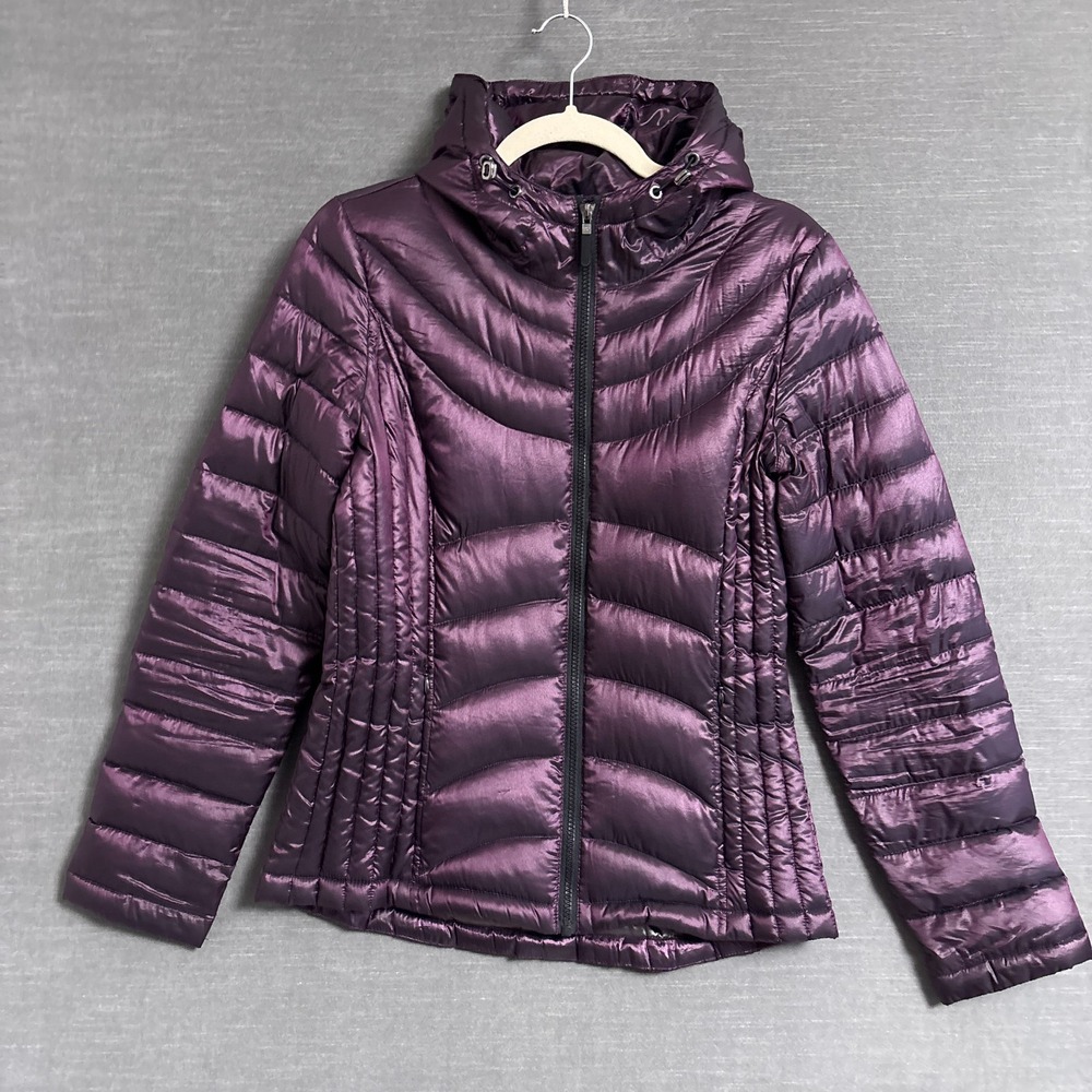 Andrew Marc‎ Jacket S Puffer Purple Metallic Quilted Down Packable Hooded Winter